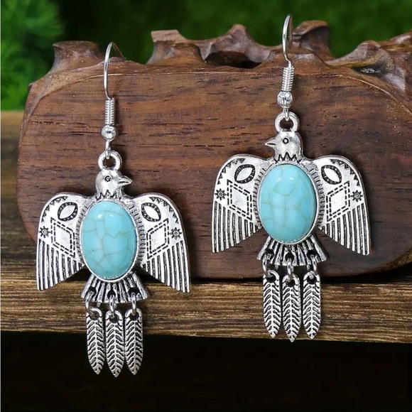 Retro Tribal Bird Pattern Dangle Earrings with Turquoise Decor - Picture 3 of 5